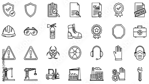 Set of Black Outline Hand Drawn Safety and Industrial Icons Representing Compliance, Warning Signs, Protective Gear, Construction Equipment, and Essential Workplace Regulations Graphic Vector