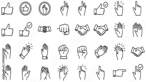 Vector Hand Gestures Illustration Collection Displaying Diverse Human Hand Actions, Signs, and Movements for Communication. This Graphic Design Set Includes Thumbs Up, Okay, Handshake, Fist