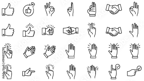 Hand gesture vector line icons collection for user interface design, modern web applications, social media buttons, approval symbols, and communication graphics, showcasing various human interaction