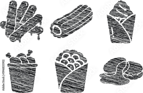 Hand drawn sushi rolls in black and white illustration for food menu design