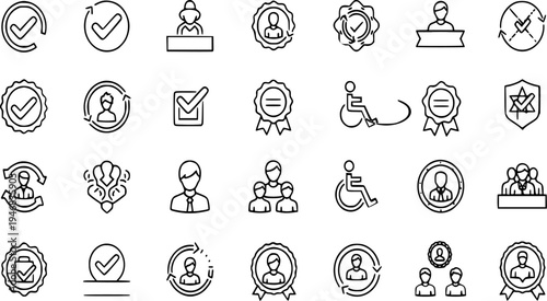 Set of Approval Verification Certification Quality Standard Badge User Profile Quality Assurance Compliance Inclusion and Refresh Icons Collection Vector Illustration Graphic Design Elements
