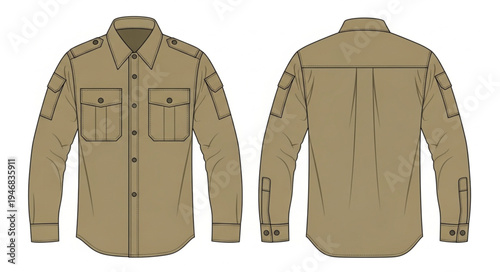 Khaki Tactical Shirt - Front and Back View Illustration.
