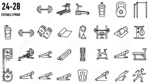 Editable stroke vector fitness workout icons and gym equipment illustrations graphic collection, perfect for health, exercise, sport, and training design projects. This comprehensive set features dumb
