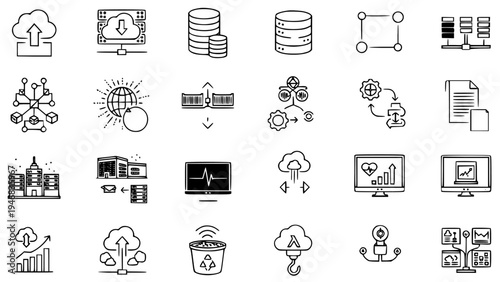 Black And White Hand Drawn Vector Icons Set Representing Cloud Computing Infrastructure Data Storage Server Management DevOps Concepts For Web Applications And Digital Technology Projects