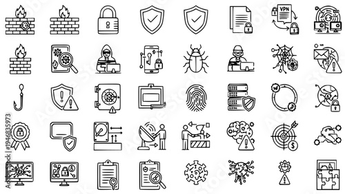 Collection of Cybersecurity Threat Icons Representing Digital Security Threats Data Protection Phishing Malware Firewall SSL VPN and System Audit Concepts in Simple Outline Vector Illustration Style