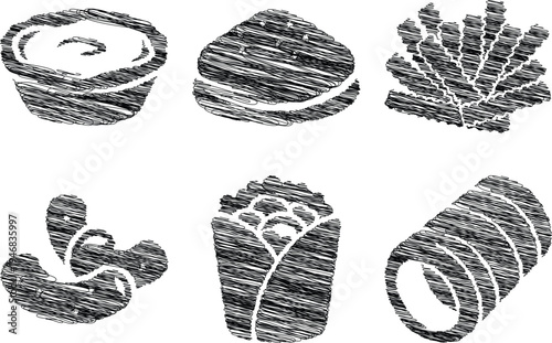 Sushi rolls and pieces in black and white illustration for food menu