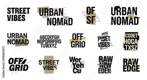 Collection of urban-themed graphic designs with distressed text and abstract elements.