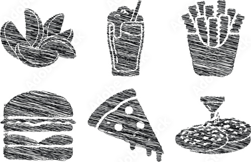 Hand drawn fast food icons in black and white sketch style for menu design