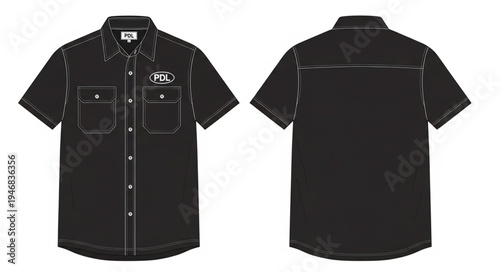 Black short-sleeve button-down shirt with chest pockets and logo.