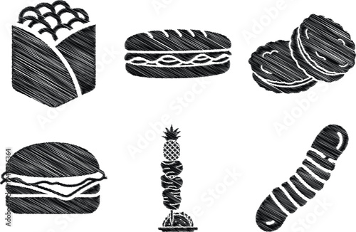 Black and white fast food icons in sketch style with high contrast lighting for menu design
