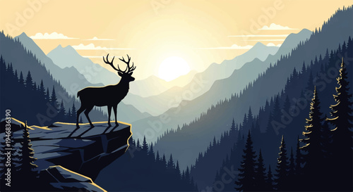 Vector flat design illustration of a majestic deer standing on a cliff overlooking a serene mountain landscape with a stunning sunset in the background.