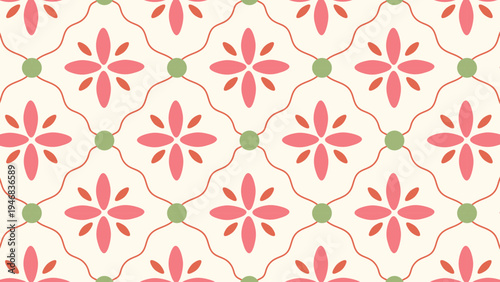 Retro pink floral geometric seamless pattern tile with green elements. Floral texture for wrapping, background, cards