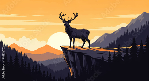 Vector flat design illustration of a majestic deer with large antlers standing on a cliff edge, overlooking a serene mountain landscape with trees and a vibrant orange sunset sky.