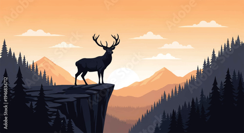Vector flat design illustration of a deer standing on a cliff edge overlooking mountains and trees at sunset with an orange sky.