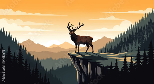 Vector flat design illustration of a majestic elk standing on a cliff's edge, overlooking a serene mountain landscape with evergreen forests at sunset.