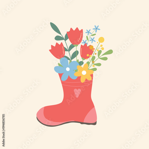 Spring flowers in red rubber boot – cute floral garden vector Illustration