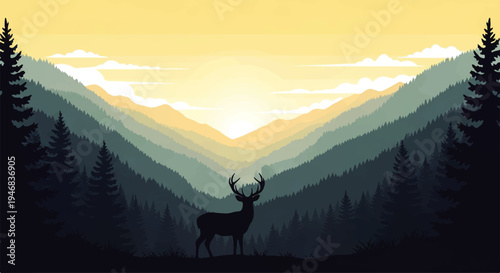 Vector flat design illustration of a deer silhouette standing in a forest with pine trees, overlooking a serene mountain range at sunset with warm colors.