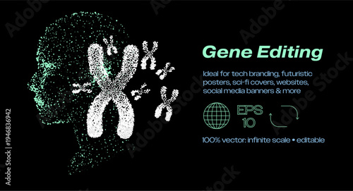 Green particle human head with DNA chromosomes on black background. Conceptual vector illustration for gene editing and CRISPR biotechnology.