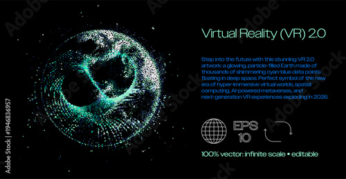 Glowing cyan particle Earth sphere in space with data points. Conceptual vector illustration for virtual reality VR 2.0 and metaverse technology.