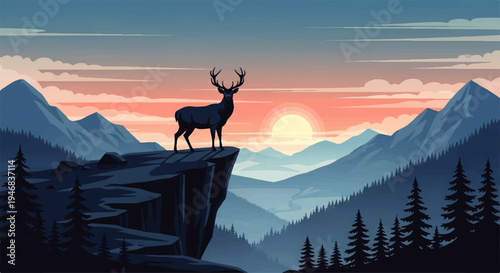 Vector flat design illustration of a deer standing on a cliff edge with mountains and sunset in the background, showcasing a serene natural landscape.
