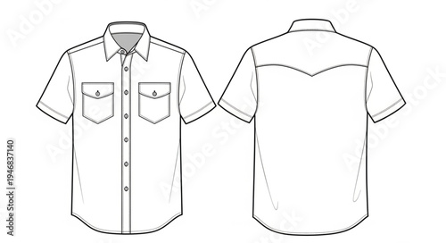 Detailed Line Drawing of a Short-Sleeved Western Shirt.