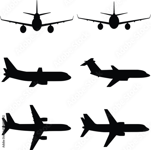 Six black silhouette airplanes in different flight positions flying desi