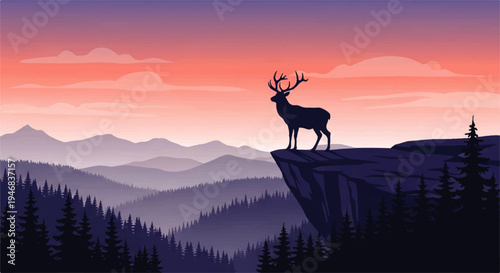 Vector flat design illustration of a deer standing on a cliff edge overlooking a serene mountain landscape at sunset with warm colors.