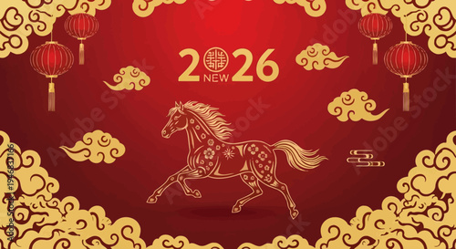 2026 chinese new year of the horse greeting, golden horse, red background, lanterns, clouds