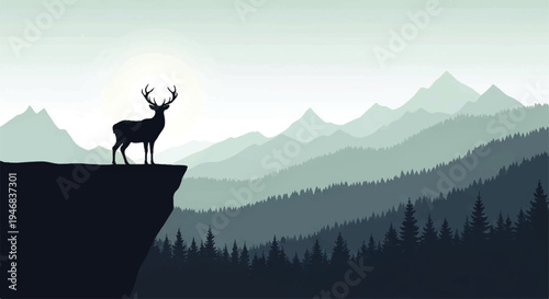 Vector flat design illustration of a deer silhouette standing on a cliff edge with mountains and trees in a serene natural landscape.