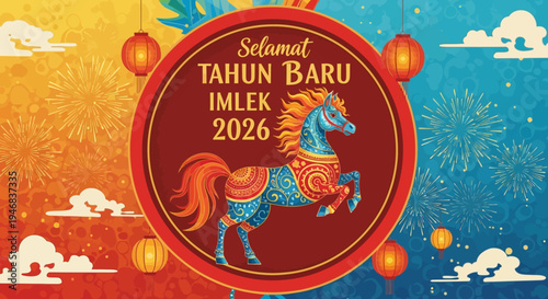 Chinese New Year 2026 Horse Celebration with Lanterns and Fireworks