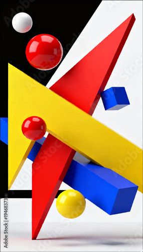 Vector 3D avant-garde abstract illustration of dynamically arranged intersecting geometric planes, spheres, and cuboids.