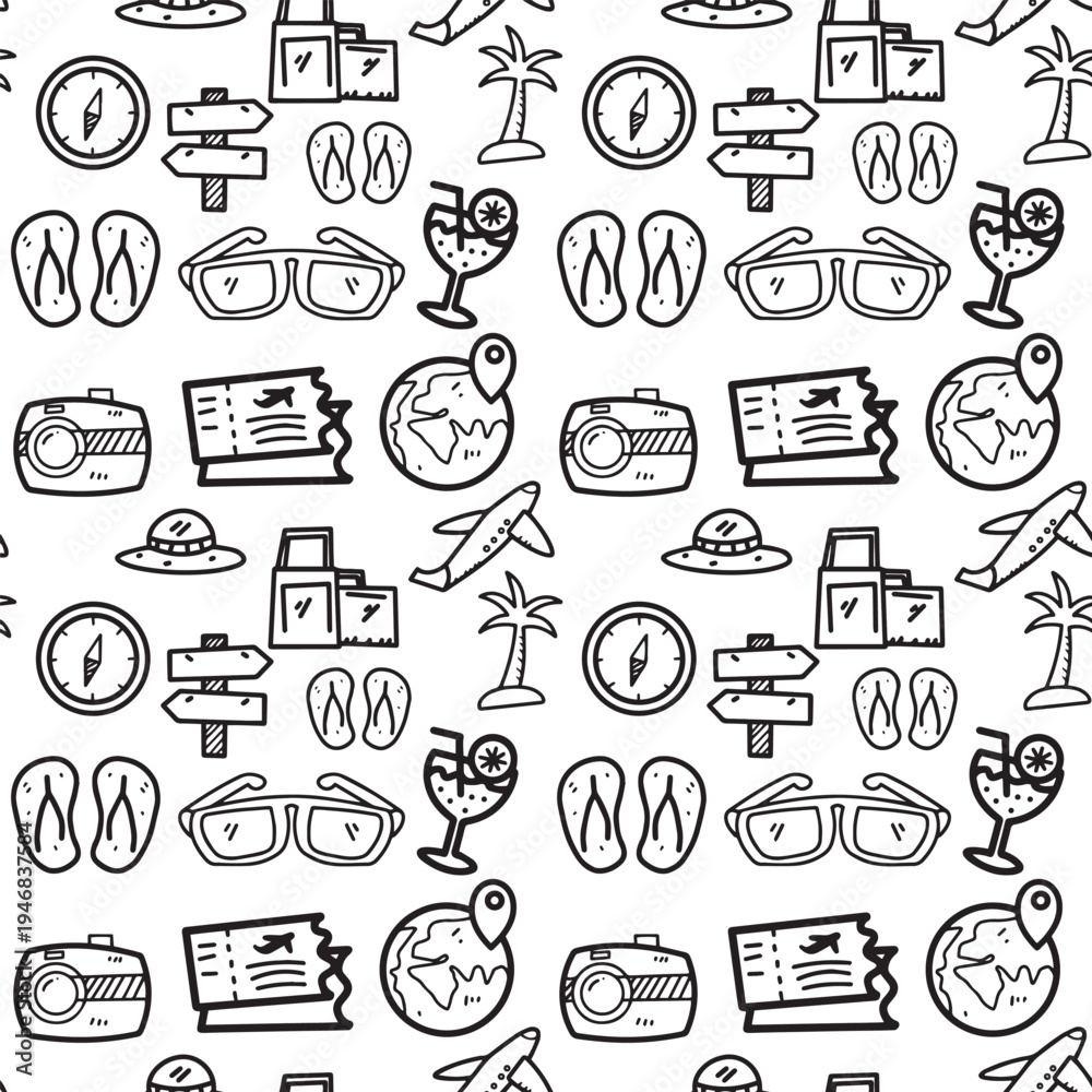 Fototapeta premium Seamless Travel Pattern with Tourism Icons Compass Camera Airplane and Vacation Symbols