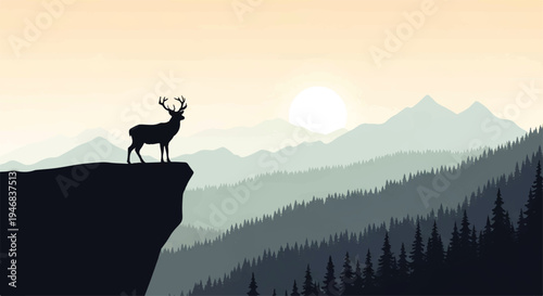 Vector flat design illustration of a deer silhouette standing on a cliff edge overlooking mountains and trees at sunset.