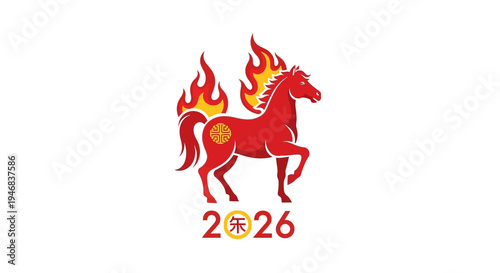 Red Horse with Flames and Chinese Zodiac Symbol for 2026