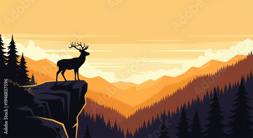 Vector flat design illustration of a deer standing on a cliff overlooking mountains and trees at sunset with warm orange hues.