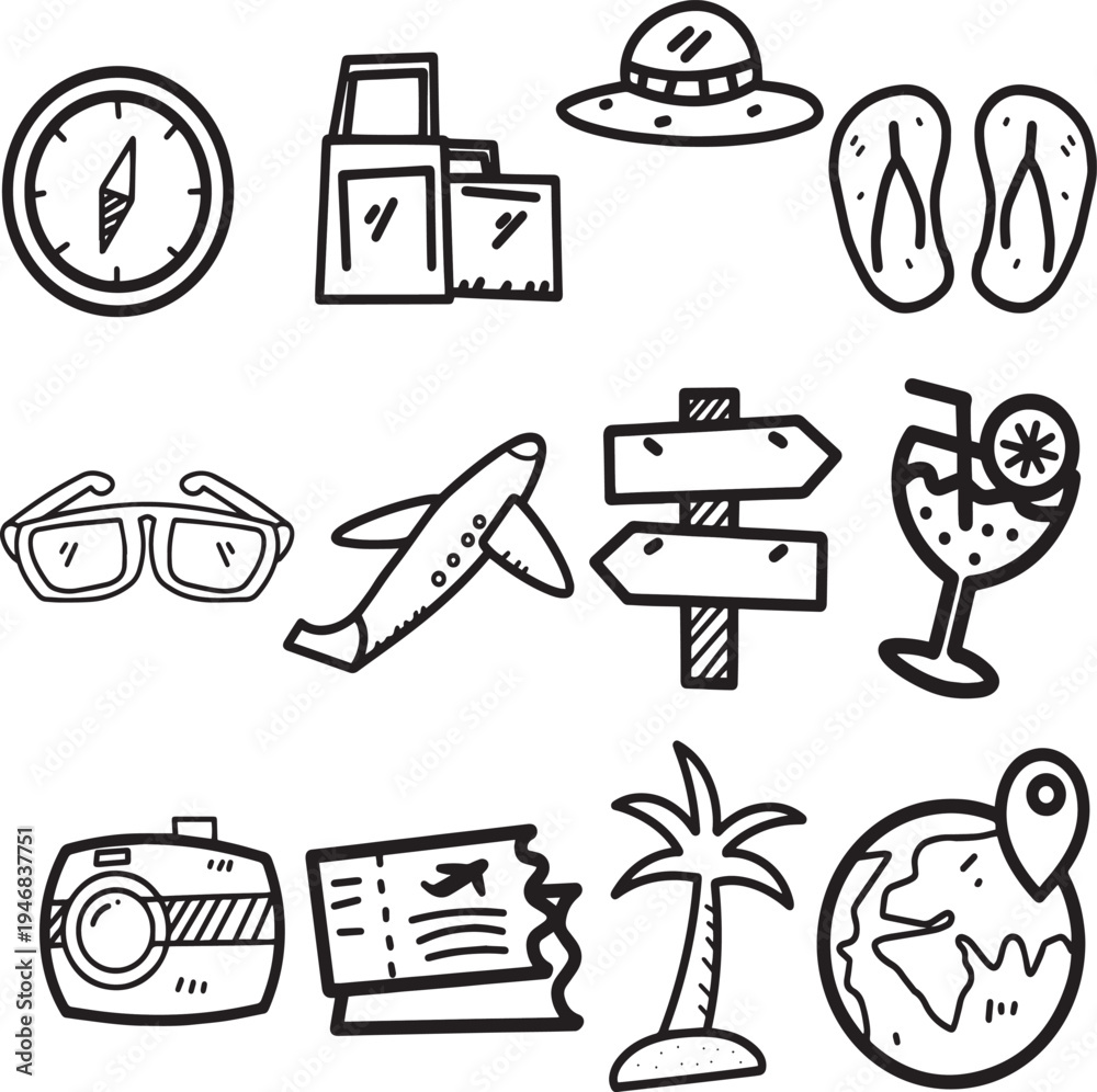 Fototapeta premium Travel and Vacation Line Icon Set with Compass Suitcase Camera Airplane and Summer Holiday Elements