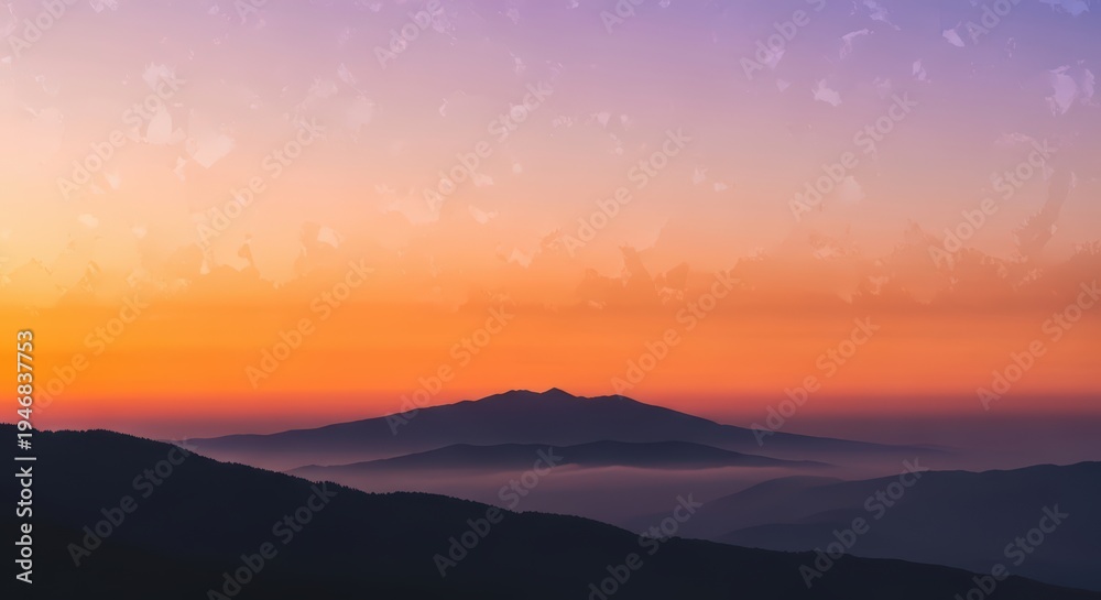 Obraz premium Majestic Mountain Range at Sunrise with Hazy Valleys and Colorful Sky