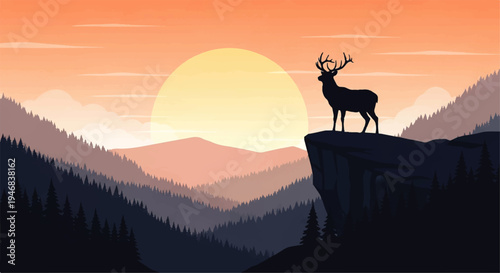 Vector flat design illustration of a deer standing on a cliff edge with mountains and sunset in the background, creating a serene landscape scene.