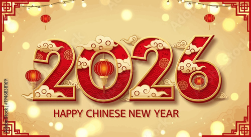Happy Chinese New Year 2026 Greeting Card with Lanterns and Clouds