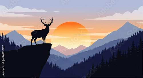 Vector flat design illustration of a deer silhouette standing on a cliff overlooking a serene mountain landscape at sunset with warm orange hues and silhouetted trees.