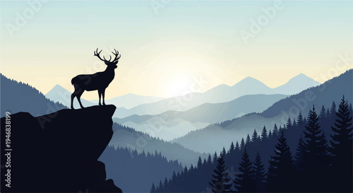 Vector flat design illustration of a deer standing on a cliff overlooking a serene mountain landscape with a sunset background.