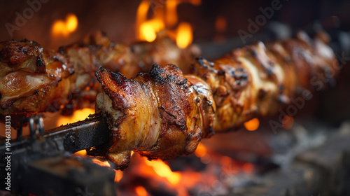 A delicious piece of meat is being roasted on a spit over an open flame