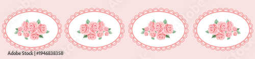 Romantic Pink Rose Bouquet Oval Frame Seamless Pattern – Elegant Shabby Chic Floral Repeat for Fabric, Wallpaper and Wedding Stationery