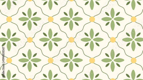 Sage green floral vintage seamless tile background with yellow elements. 