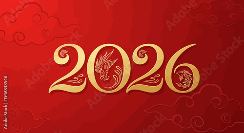 2026 Golden Year Chinese New Year Dragon Phoenix Celebration Red Background