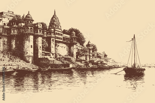 Ghats in Varanasi, India illustration in a vintage style. This vector illustration can be used in any size you like for advertising, logos, and other work.
