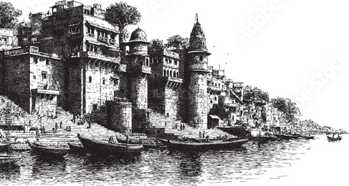 Ghats in Varanasi, India illustration on a white background. This vector illustration can be used in any size you like for advertising, logos, and other work.
