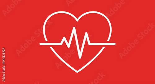 White Heartbeat Pulse Line Icon on Red Background