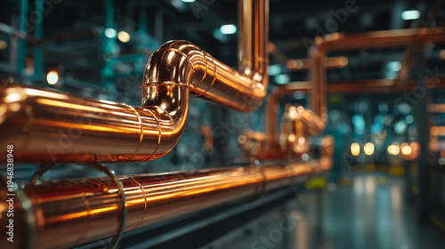Copper pipelines running through a modern industrial factory. Concept of engineering infrastructure, manufacturing systems and industrial technology.