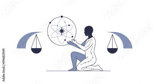 Human holding atom model on scales, concept of balance and science